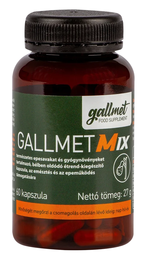 GALLMET-Mix/60 db természetes epesavakat és gyógynövényeket tartalmazó, bélben oldódó étrend-kiegészítő kapszula, az emésztés és az epeműködés támogatására - Változatlan összetétel új csomagolásban