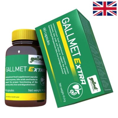 Gallmet Extra 60 kapsúl enterosolventného doplnku stravy obsahuje enzýmy, žlčové kyseliny a byliny na podporu správneho fungovania pankreasu, žlče, pečene a tráviaceho traktu