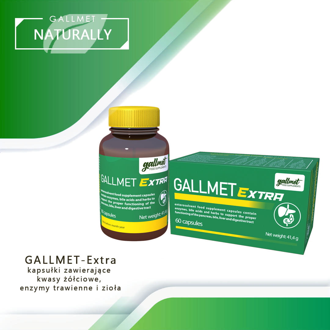Gallmet-Extra 60 kapsułek zawierających enzymy, kwasy żółciowe i zioła wspomagające trzustkę, żółć, wątrobę i układ trawienny.