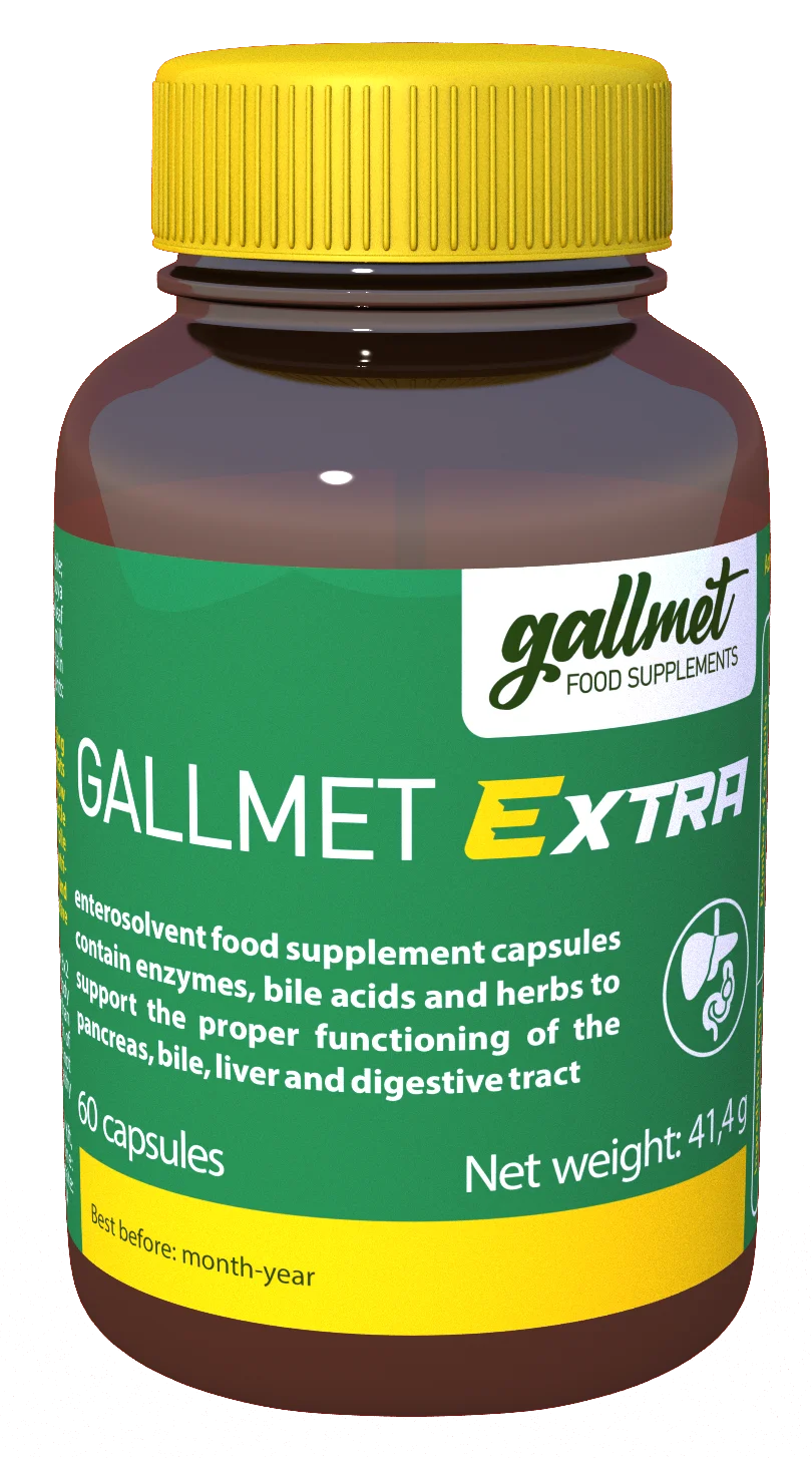GALLMET-Extra is a enterosolvent food supplement capsule containing enzymes, bile acids and herbs to support the proper functioning of the pancreas, bile, liver and digestive tract