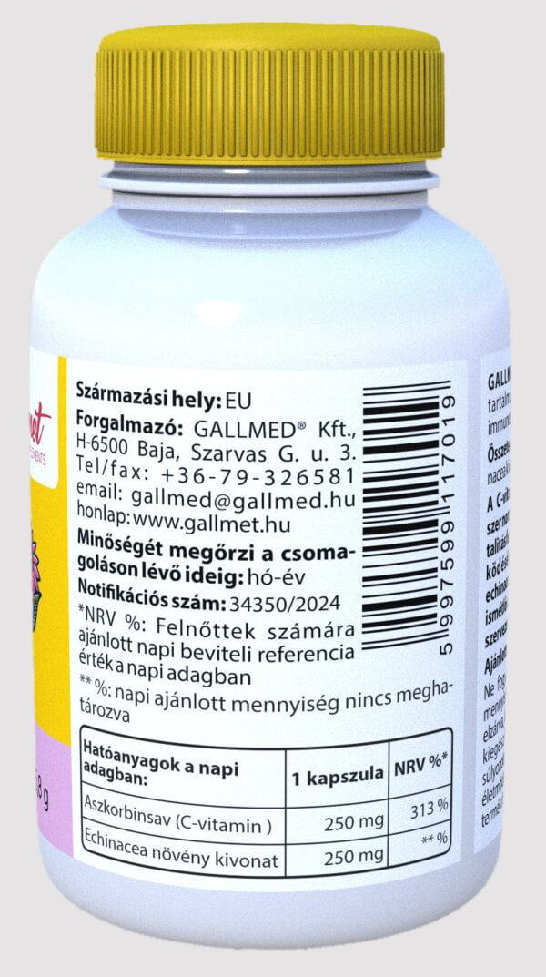 GALLMET - C-vitamin + Echinacea tartalmú étrend-kiegészítő kapszula az immunrendszer normál működéséhez