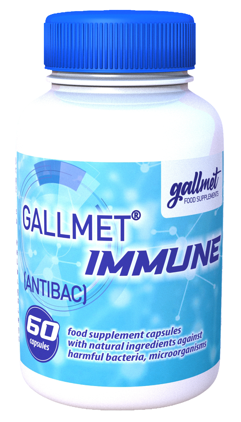 GALLMET-Immune (AntiBac) capsule care conțin ierburi și acizi biliari pentru a combate bacteriile și microorganismele dăunătoare, pentru a susține sistemul imunitar și digestia